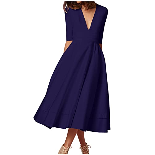 Damen Sommerkleid Sexy Abendkleid Maxikleid S-3XL Halbe äRmel Tief Ausgeschnittener V-Ausschnitt Breiter Saum A-Linien Kleid Solide Skinny Taille Wadenlanges Partykleid Ballkleid Frauen MäDchen von tsaChick