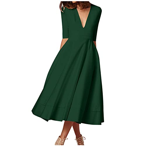 Damen Sommerkleid Sexy Abendkleid Maxikleid S-3XL Halbe äRmel Tief Ausgeschnittener V-Ausschnitt Breiter Saum A-Linien Kleid Solide Skinny Taille Wadenlanges Partykleid Ballkleid Frauen MäDchen von tsaChick