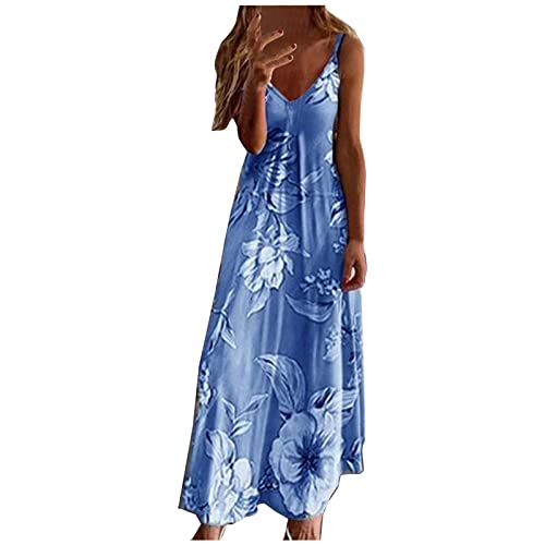 Damen Sommerkleid Sexy Neckholder Langes Kleid S-5XL äRmellos Tief Ausgeschnittenes Blumenkleid Cami Strandkleid Spaghetti TräGer V-Ausschnitt KnöChellang Freizeitkleid Maxikleid Tank Kleid von tsaChick