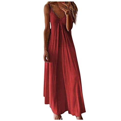 Damen Sommerkleid Sexy Neckholder Langes Kleid S-5XL äRmellos Tief Ausgeschnittenes Farbverlauf Cami Strandkleid Spaghetti TräGer V-Ausschnitt KnöChellang Freizeitkleid Maxikleid Tank Kleid von tsaChick