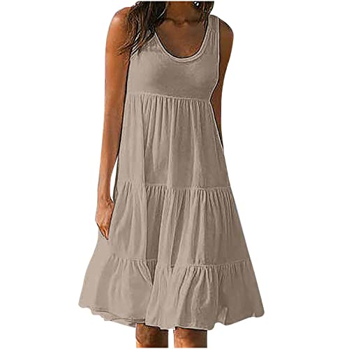 Damen Sommerkleid Solide Tank Strandkleid äRmelloses Hoher Taille Faltenwurf Freizeitkleid Einfarbig Rundhalsausschnitt Urlaub Casual Knielanges Midikleid Frauen MäDchen Umstandskleider von tsaChick