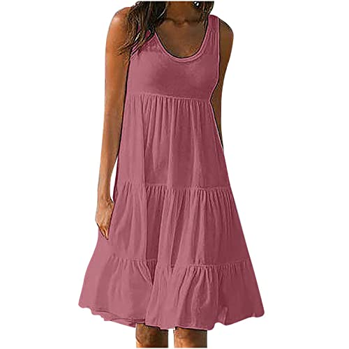 Damen Sommerkleid Solide Tank Strandkleid äRmelloses Hoher Taille Faltenwurf Freizeitkleid Einfarbig Rundhalsausschnitt Urlaub Casual Knielanges Midikleid Frauen MäDchen Umstandskleider von tsaChick