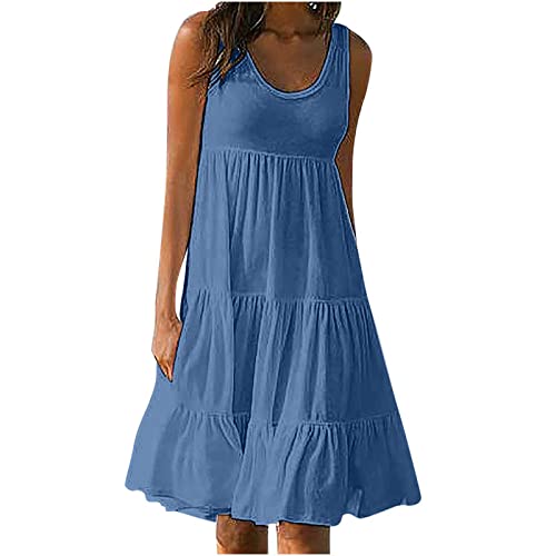 Damen Sommerkleid Solide Tank Strandkleid äRmelloses Hoher Taille Faltenwurf Freizeitkleid Einfarbig Rundhalsausschnitt Urlaub Casual Knielanges Midikleid Frauen MäDchen Umstandskleider von tsaChick