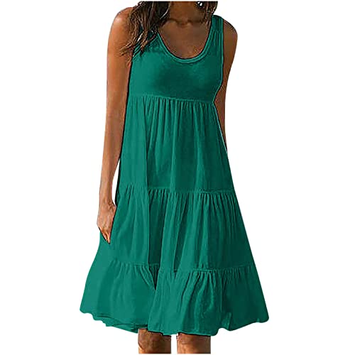 Damen Sommerkleid Solide Tank Strandkleid äRmelloses Hoher Taille Faltenwurf Freizeitkleid Einfarbig Rundhalsausschnitt Urlaub Casual Knielanges Midikleid Frauen MäDchen Umstandskleider von tsaChick