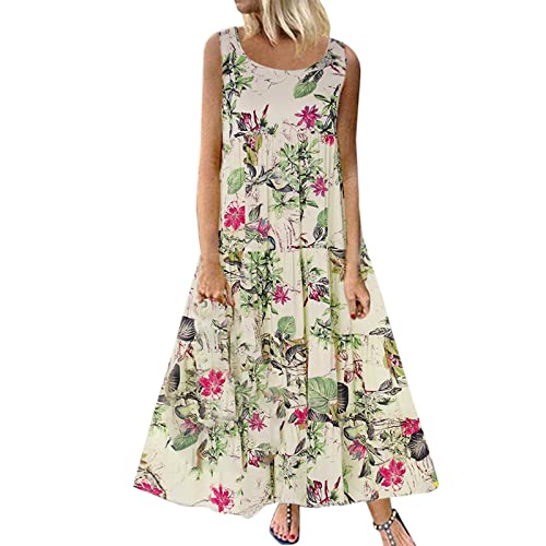 Damen Sommerkleid äRmelloses Blumenkleid S-5XL Hohe Taille Plissiert Rundhalsausschnitt Freizeitkleid Tankkleid Strandkleid Blumendruck Maxikleid Casual Leinen Langes Kleid MäDchen Umstandskleider von tsaChick