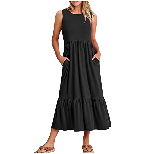 Damen Sommerkleid äRmelloses Freizeitkleid Mit Taschen Rundhalsausschnitt Plissee RüSchensaum FließEndes Kleid Casual Solide LäSsig Stretch Tank Kleid Frauen MäDchen Umstandskleider von tsaChick