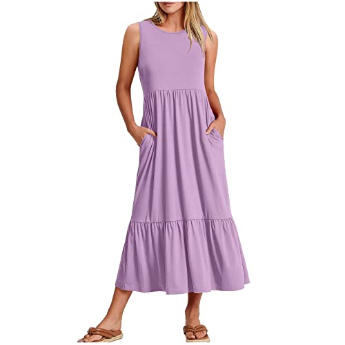 Damen Sommerkleid äRmelloses Freizeitkleid Mit Taschen Rundhalsausschnitt Plissee RüSchensaum FließEndes Kleid Casual Solide LäSsig Stretch Tank Kleid Frauen MäDchen Umstandskleider von tsaChick