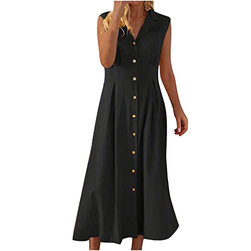 Damen Sommerkleid äRmelloses Hemdkleid Slim Fit Revers Knopfleiste WadenläNge Einfarbig A-Linien Kleid LäSsig Langes Kleid Streetwear Weste Kleid Frauen MäDchen Umstandskleider Baumwolle Leinen von tsaChick