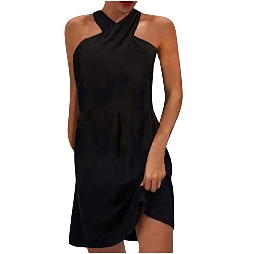 Damen Sommerkleid äRmelloses Strandkleid S-3XL Neckholder Kreuz Vintage Minikleid Blumenkleid Schulterfrei RüCkenfreies Kurze Kleid Frauen MäDchen Umstandskleider Mode Sexy Gedruckt Minikleid von tsaChick