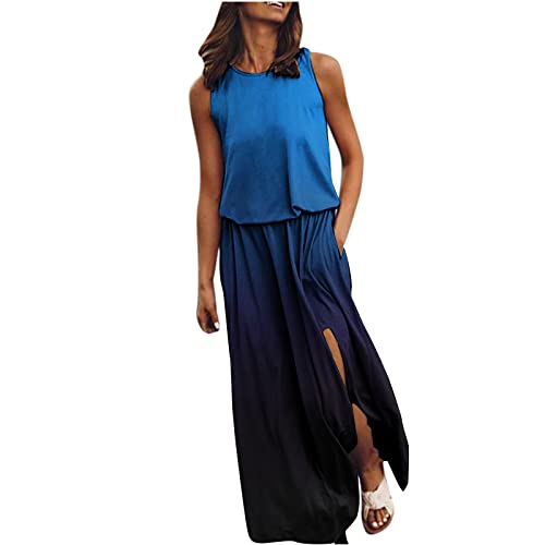 Damen Sommerkleid äRmelloses Tankkleid Langes Kleid Mit Taschen LäSsiges Rundhals-Shirt Kleid Seitenschlitz Strandkleid Sonnenkleid Freizeitkleider Tie Dye Bedruckt Frauen MäDchen Umstandskleider von tsaChick