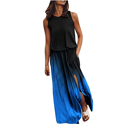 Damen Sommerkleid äRmelloses Tankkleid Langes Kleid Mit Taschen LäSsiges Rundhals-Shirt Kleid Seitenschlitz Strandkleid Sonnenkleid Freizeitkleider Tie Dye Bedruckt Frauen MäDchen Umstandskleider von tsaChick