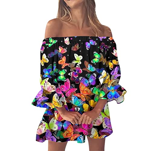 Damen-Sommerkleider, ärmellos, Rüschenärmel, Rundhalsausschnitt, einfarbig, locker, kurz, fließend, plissiert, Mini-Babydoll-Kleid formelles kleid mit einer schulter , ausschnitt Multicolor XL 40 von tsaChick