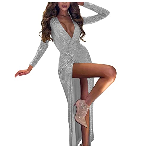 Damen Tief Ausgeschnittenes Pailletten Maxikleid Eng Langarm Hochgeschlitztem V-Ausschnitt Schimmerndes BüHnenkleid Mode Sexy Solide GläNzend KnöChellang Geschlitzt Langes Kleid GroßE GrößEn S-3xl von tsaChick