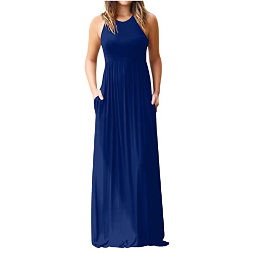 Damen äRmelloses Cocktailkleid Elegantes Plissiertes Langes Abendkleid Mit Tasche Solides Bodenlanges Rundhalsausschnitt Weste Maxikleid Causal Sommerkleid Frauen MäDchen Umstandskleider von tsaChick