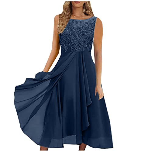 Damen äRmelloses Mesh Chiffon Abendkleid S-3XL Elegantes Besticktes Einfarbiges Wadenlanges Netzfaltenkleid Solide Hohe Taille Ballkleid Partykleid Frauen MäDchen Umstandskleider von tsaChick