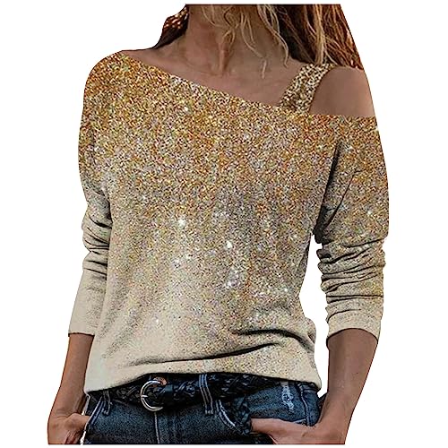 Damen t-Shirt schwarz Cold Shoulder, Sommer Oberteile Damen sexy, Tunika Damen Sommer Kurzarm v Ausschnitt, Tunika Damen elegant Pailletten Oberteil Festliche Bluse 3/4 arm t, Gold S 34 von tsaChick