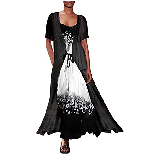 Festliche Kleider FüR Damen Sommerkleid Damen Elegant Damen Abendkleid Lang zweiteiliges Set, Ärmelloses Kleid mit Blumendruck und Rundhalsausschnitt, einfarbige dünne Jacke, Abendkleider Elegant von tsaChick