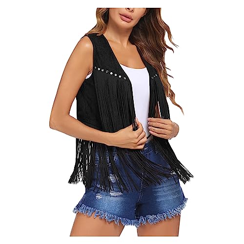 Fransenweste Damen Faux Wildleder Quaste Weste Western Cowgirl Kostüm 70er Jahre Retro Hippie Weste Ärmellose Cowboy Cropped Open-Front Boho Fransenjacken Cardigan Party Fasching Karneval Kostüm von tsaChick