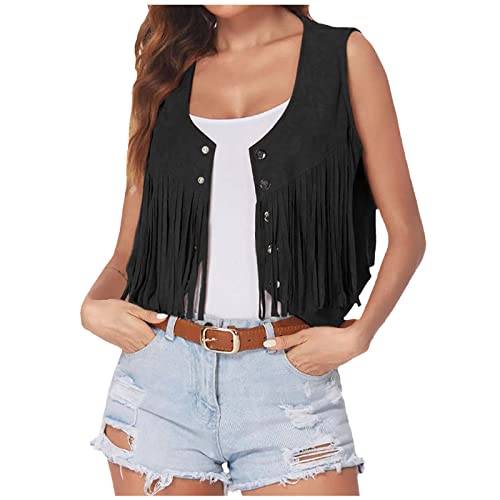 Fransenweste Damen Faux Wildleder Quaste Weste Western Cowgirl Kostüm 70er Jahre Retro Hippie Weste Ärmellose Cowboy Cropped Open-Front Boho Fransenjacken Cardigan Party Fasching Karneval Kostüm von tsaChick