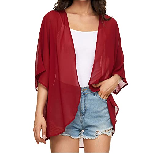 Frauen Jacke Cardigan Solid Puff Sleeve Kimono Cardigan Loose Chiffon Cover Up Casual Bluse Tops &J3887 von tsaChick