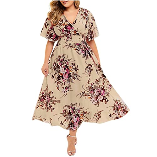 Große Größen Damen Kleid Mode Plus Size Maxikleider XL-5XL Sommerkleid Blumendruck V-Ausschnitt Elegant Kurzarm Leichte Strandkleid Übergröße Schönes Tunikakleid Partykleid Für Mollige Frauen von tsaChick