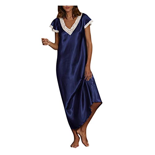 Home Pyjama Kleid Damen S-5XL Solide Homewear Dress Satin Langes Konservatives Nachthemd Kleid Kurzarm V-Ausschnitt Loungewear Schlafanzug Spitzen Satin Nähte Wadenlanges Kleid Ladies Kleider von tsaChick