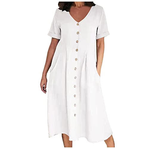 Langes Sommerkleid Damen Kurzarm V Ausschnitt Kleid Mode Sommer Lässig V Ausschnitt Solide Kurzarm Knopftasche Baumwolle Leinenkleid &bto1838 von tsaChick