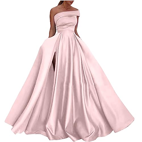 Musselin Kleid Damen Ballkleider Off Shoulder Kleider Damen Lang Elegant Hochzeit A-Linie Criss-Cross Satin Spaghetti Party Prom Maxi Dress Abendkleider Schlitz Brautkleid Festkleider mit Taschen von tsaChick