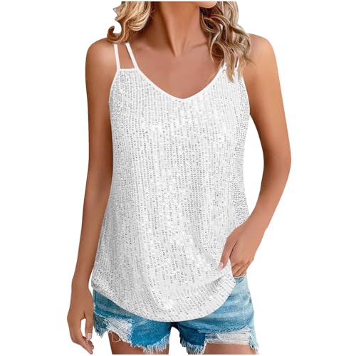 Oberteil Damen Elegant Pailletten Bluse Lässige Ärmellos Trägershirt Spaghetti Cami Tanktops Summer Tank Top Locker Party Oberteil Glitzer Vest Top Elegant Unterhemden von tsaChick