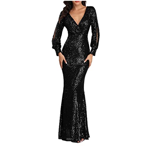 Pailletten Fischschwanz Maxikleid Damen Solide Paillettenkleider Dinnerkleider Auktionshaus Host Bodenlanges Kleid Sexy Tiefes V-Ausschnitt Langes Kleider Glitzerkleid Slit Langarm Kleider Damen von tsaChick