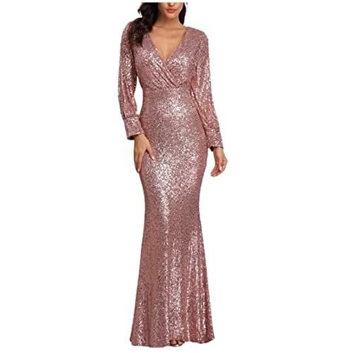 Pailletten Fischschwanz Maxikleid Damen Solide Paillettenkleider Dinnerkleider Auktionshaus Host Bodenlanges Kleid Sexy Tiefes V-Ausschnitt Langes Kleider Glitzerkleid Slit Langarm Kleider Damen von tsaChick