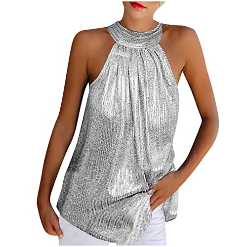 Pullover Damen Basic Cocktail Party Club Tank Tops Solide Pailletten äRmellos Halter Camisole Frauen Sommer Unifarbenes Neckhold Partytop Bluse Vest HalbträGerloses RüCkenfreies Top von tsaChick