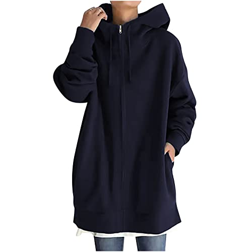 Pullover Strickjacken Jacken Damen Lässige Outwear Jacken mit langen Ärmeln und Kapuze Frauen Einfarbig Hoodie Reißverschluss Langarm Sweatshirts Lange Mantel Tops Mit Taschen Dunkelblau 5XL CJ11 von tsaChick