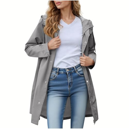 Regenjacke Damen Lang Wasserdicht Atmungsaktiv Regenmantel mit Kapuze Leichte Windbreaker Outdoorjacke Dünne Regenjacken Übergangsjacke Windjacke mit Taschen von tsaChick