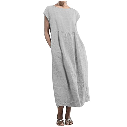 S-5XL Sommerkleid Damen Ultra Kurze äRmel Baumwolle Leinen Maxikleid Wadenlang Leinen Locker Langes Kleid Solide Rundhalsausschnitt Kurze äRmel KnöChellang Kleider Damen Cotton Linen Dress von tsaChick