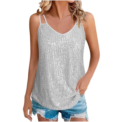 Sommer Tops Damen Pailletten Vest Top Lässige Spaghetti Cami Oberteil Elegant Tanktops Summer Trägershirt Locker Glitzer Unterhemden Party Bluse Ärmellos Tank Top von tsaChick