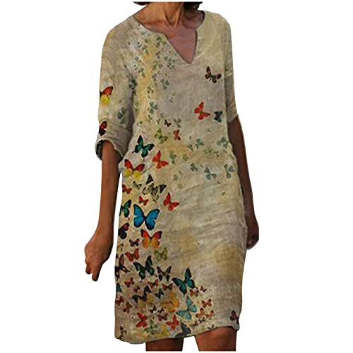 Sommerkleid Damen Batik Einfach Druck Knielang Kleid LäSsiges 3/4 äRmel Strandkleid V-Ausschnitt KurzäRmelig Mittellanges Freizeitkleid Mode Blumen Bedruckt Kleid Kleider Damen Casual Lose Dress von tsaChick