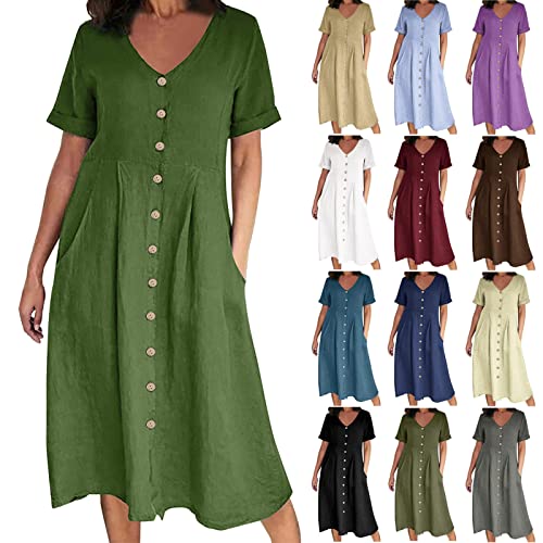 Sommerkleid Damen Baumwolle Leinen Kleider S-5XL Casual V-Ausschnitt Midikleid Kurzarm A-Linie Kleid Solide Lose Strandkleid Ohne Zubehör Voller vorderer Knopf Blouse Kleid mit Taschen von tsaChick