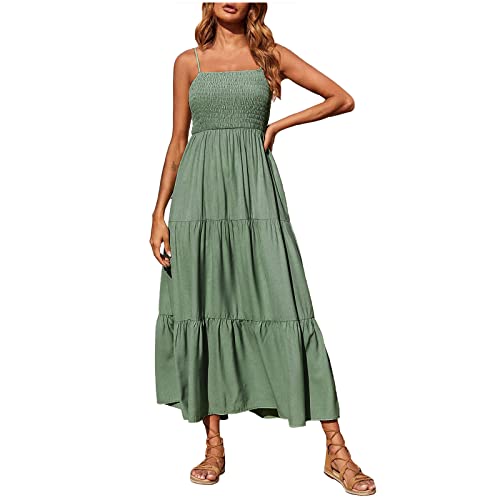 Sommerkleid Damen Bohemian Spaghetti Strap Maxikleid Long Beach Sun Dresse Boho Dress Solide Gefaltetes äRmelloses Freizeitkleid Langes Stretch Bralette Kleid KnöChellanges Kleid Ladies Kleider von tsaChick