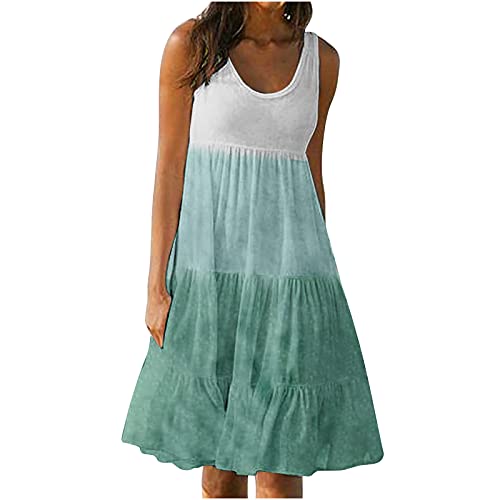 Sommerkleid Damen Breites Träger Knielänge Tank Kleid Farbverlauf Bedruckt Strandkleid Ärmelloses Neckholder Urlaubskleid Frauen Casual Gradient Beach Dress Bikini Cover-ups Ladies Kleid von tsaChick