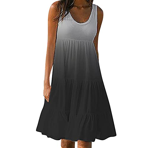 Sommerkleid Damen Breites Träger Knielänge Tank Kleid Farbverlauf Bedruckt Strandkleid Ärmelloses Neckholder Urlaubskleid Frauen Casual Gradient Beach Dress Bikini Cover-ups Ladies Kleid von tsaChick