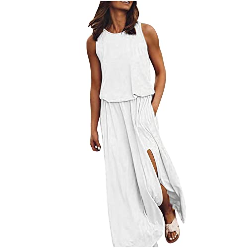 Sommerkleid Damen Einfarbig Elegant Geschlitztes Langes Kleid Casual Urlaub ärmelloses Maxikleider Sommer Solide ärmelloses Seitlicher Schlitz Bodenlang Kleid Women's Gabel Öffnung Kleider von tsaChick