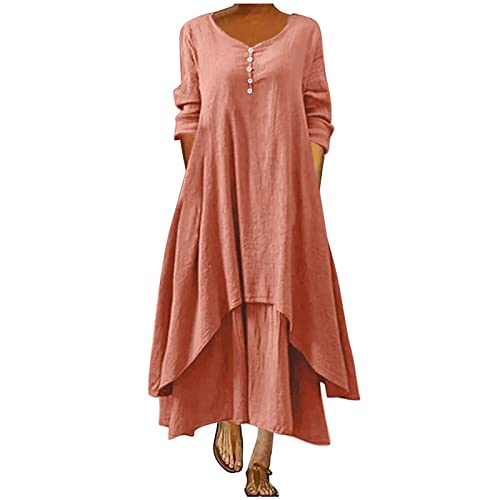 Sommerkleid Damen GrößE GrößEn S-5XL Baumwolle Und Leinen Maxikleid Einfarbiges Langes Kleid Mit Halben äRmeln Doppelt Plissiertes KnöChelkleid Knopf VerschöNert Loose Casual Kleid Kleider Damen von tsaChick