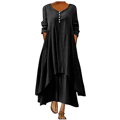 Sommerkleid Damen GrößE GrößEn S-5XL Baumwolle Und Leinen Maxikleid Einfarbiges Langes Kleid Mit Halben äRmeln Doppelt Plissiertes KnöChelkleid Knopf VerschöNert Loose Casual Kleid Kleider Damen von tsaChick