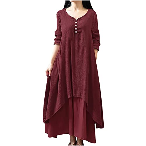 Sommerkleid Damen GrößE GrößEn S-5XL Baumwolle Und Leinen Maxikleid Einfarbiges Langes Kleid Mit Halben äRmeln Doppelt Plissiertes KnöChelkleid Knopf VerschöNert Loose Casual Kleid Kleider Damen von tsaChick