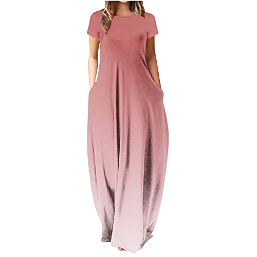 Sommerkleid Damen Lang Farbverlauf Druck Strandkleid Loose Gerades Kurzarm Bodenlanges Maxikleid Taschen Farbige Streifen Federn Schmetterlinge Floral Gradient VerfüGbar Frauen MäDchen Sommer Dress von tsaChick