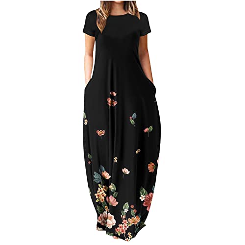 Sommerkleid Damen Lang Farbverlauf Druck Strandkleid Loose Gerades Kurzarm Bodenlanges Maxikleid Taschen Farbige Streifen Federn Schmetterlinge Floral Gradient VerfüGbar Frauen MäDchen Sommer Dress von tsaChick