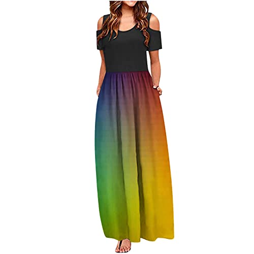 Sommerkleid Damen Lang Farbverlauf Gestreiftes Strandkleid Kurzarm Rundhalsausschnitt Mit Taschen KnöChellanges Freizeitkleid Lose Gradient Regenbogen Striped Tie-Dye Langes Kleid Holiday Dress von tsaChick