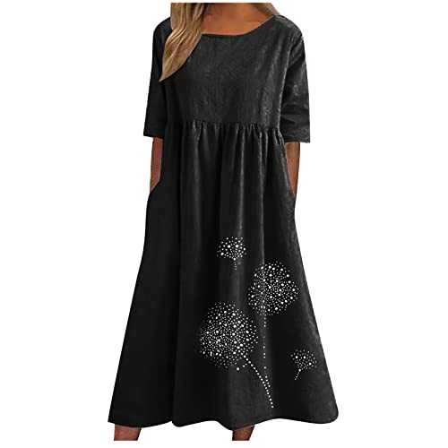 Sommerkleid Damen Lang Kleider Lose Leinen Maxikleid mit Taschen S-5XL Kurzarm Loose Casual Long Kleider einfarbig Löwenzahn Druck Swing Freizeit Boho Kleider für Rundhals Strandkleid Blumenkleid von tsaChick