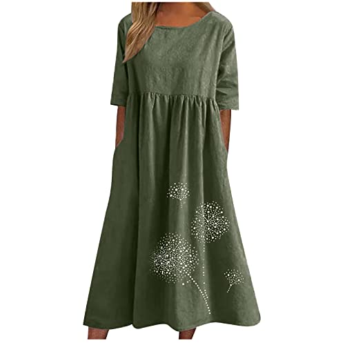 Sommerkleid Damen Lang Kleider Lose Leinen Maxikleid mit Taschen S-5XL Kurzarm Loose Casual Long Kleider einfarbig Löwenzahn Druck Swing Freizeit Boho Kleider für Rundhals Strandkleid Blumenkleid von tsaChick